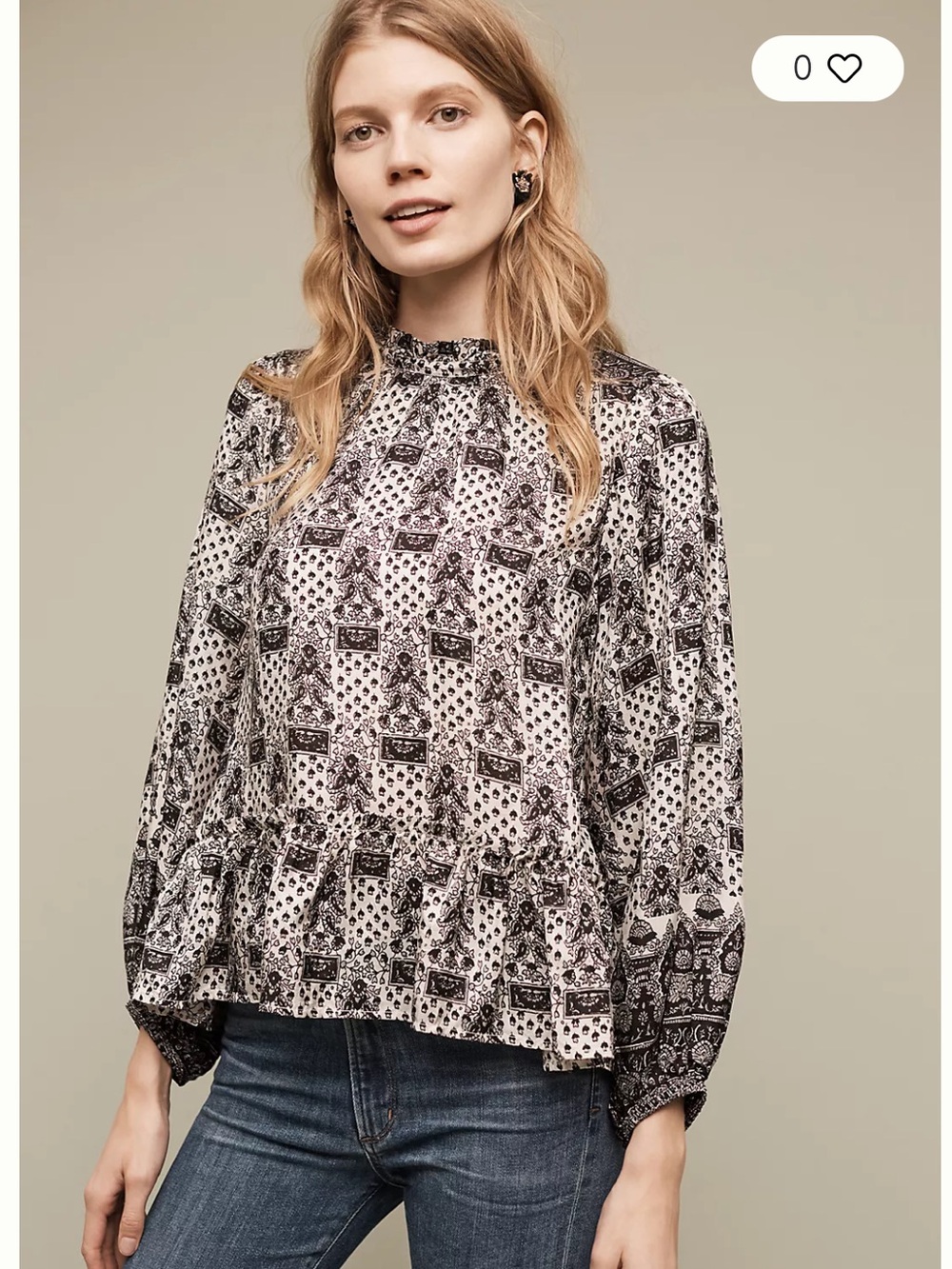 Anthropologie Ne Quittez Paz Silk Block Print Long-Sleeve Top Black White Small